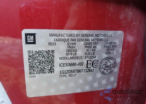 2019 Chevrolet Malibu Lt z USA, uszkodzony, nr VIN 1G1ZD5ST8KF212847